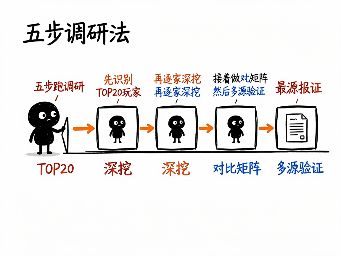 配图：五步调研管道，TOP20到报告依次相连
