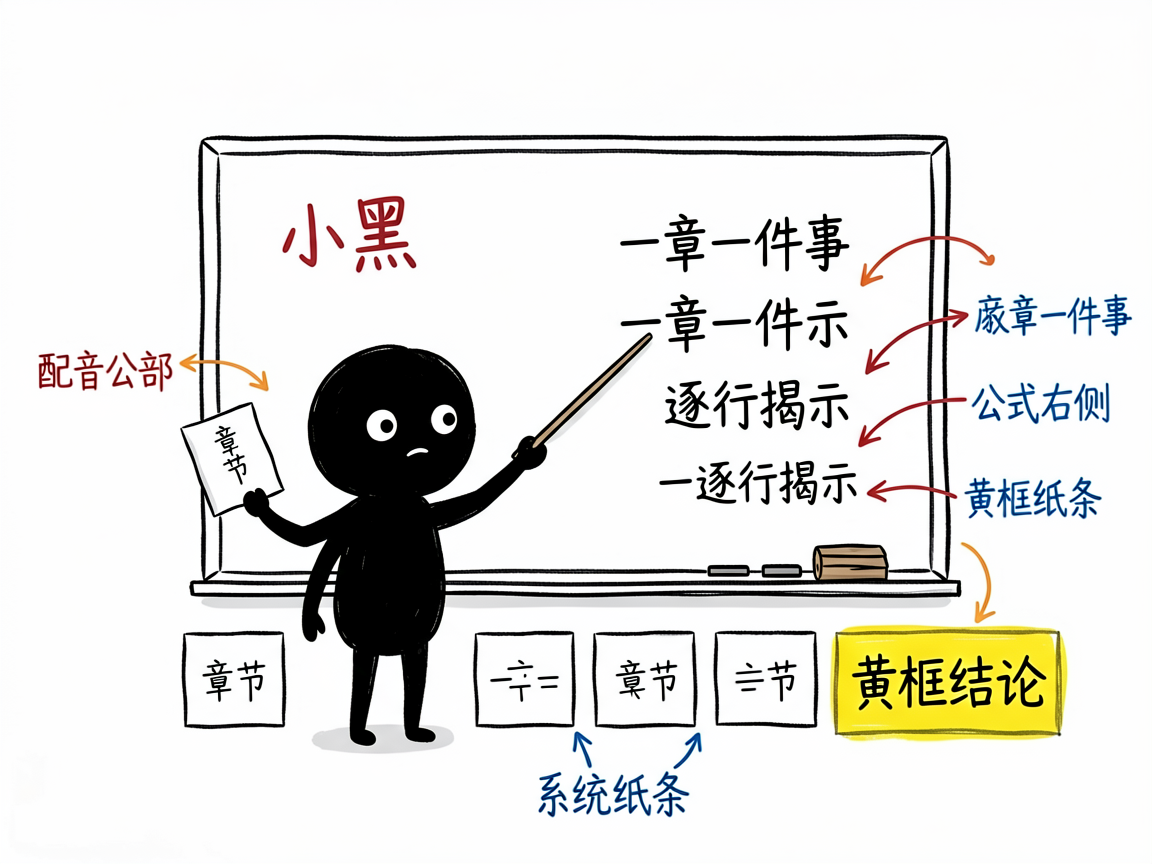 配图:证明拆成章节,公式逐行揭示,黄框标结论