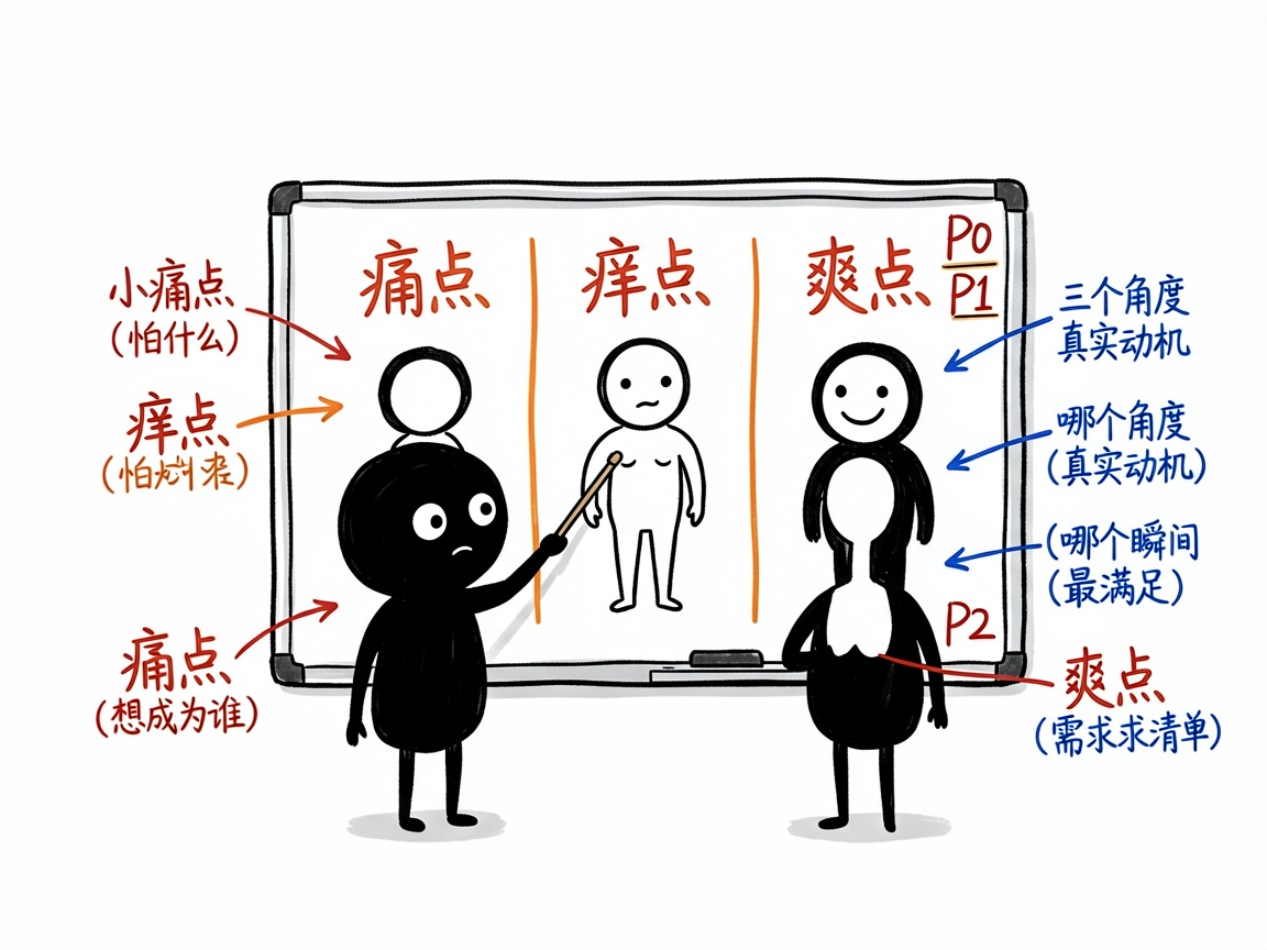 配图：小黑指白板三列痛点痒点爽点，标P0优先