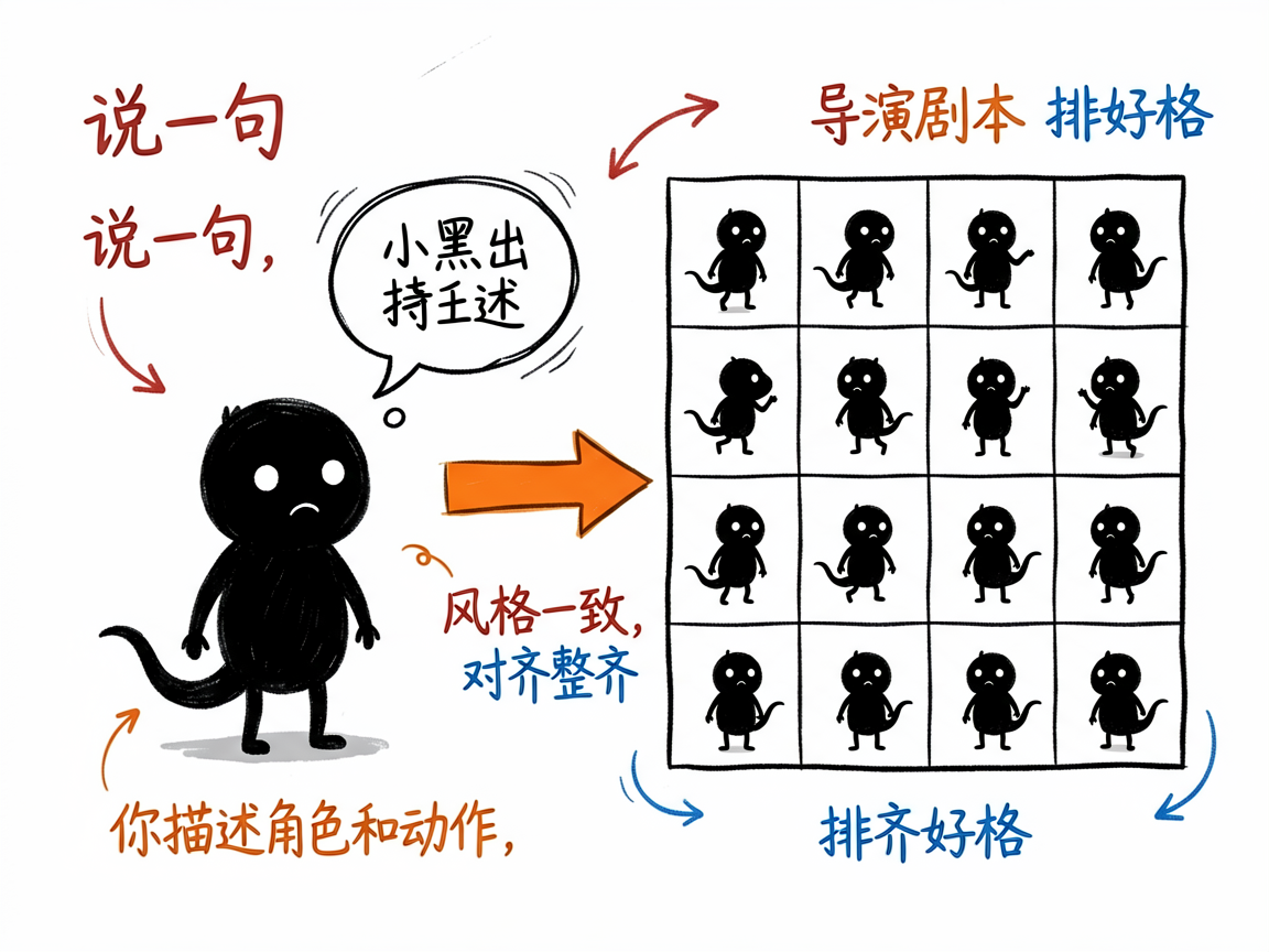 想给游戏做个会动的小角色？说一句话它帮你生成精灵图动画