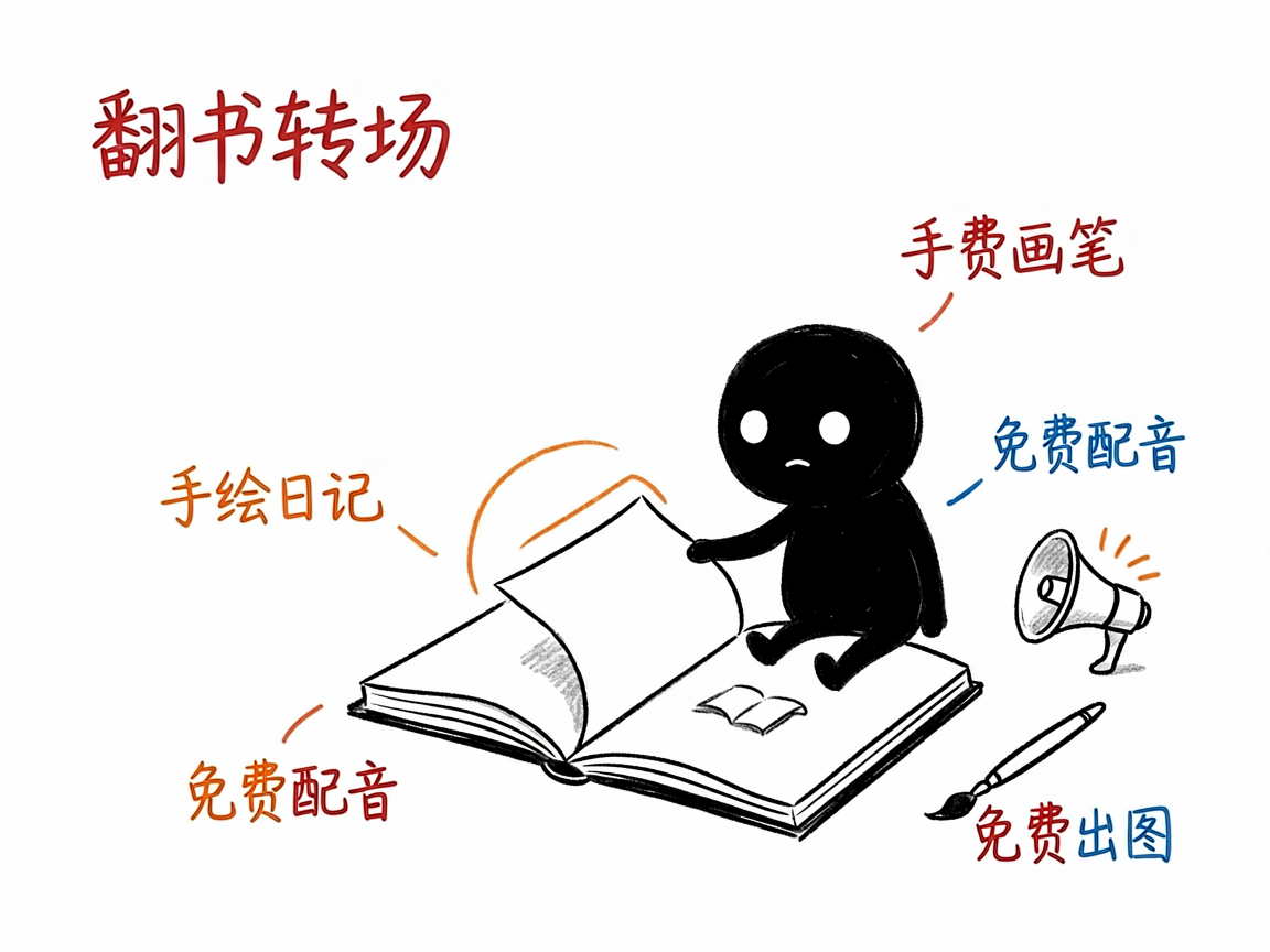 配图:翻书转场的手绘日记,免费出图配音